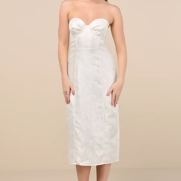 Nwt Lulu's Strapless Ivory Dress Bridal Wear Bustier Top Jacquard Midi Dress